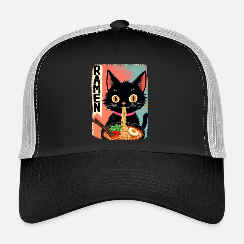 schwarze Anime Katze isst Ramen-Nudeln - Trucker Cap - Schwarz/Steingrau