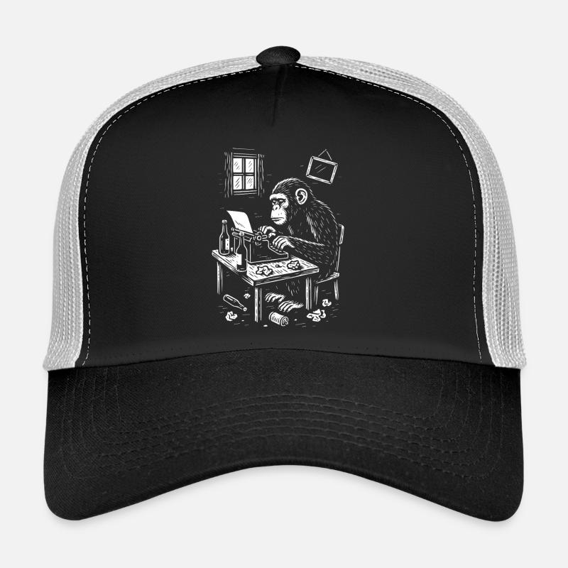 Schimpanse am Schreibtisch schreibt ein Buch Trucker Cap