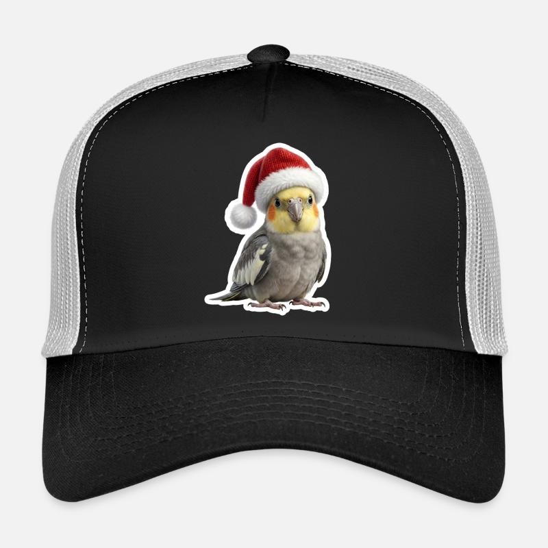 Froehlicher Nymphensittich feiert mit Trucker Cap