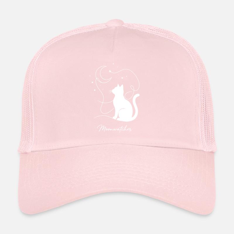 Moonwatcher Cat Between Moon and Stars White Trucker Cap