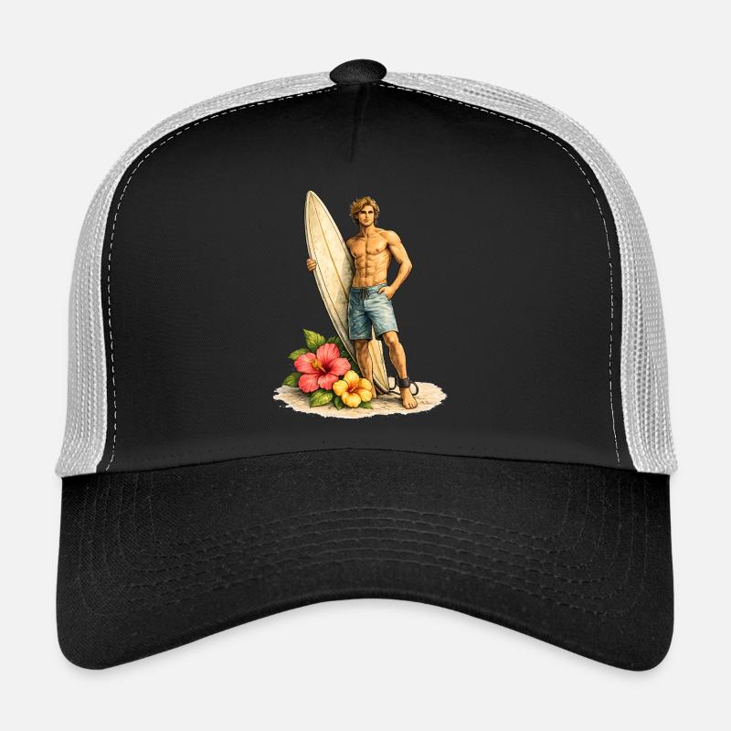 Surfeur avec planche sur une plage tropicale Casquette trucker 
