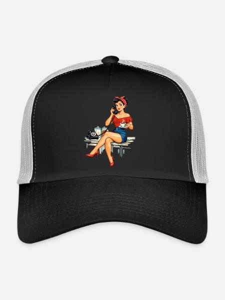 Retro Pin-up Girl: Coffee & Vintage Phone Graphic - Trucker Cap - black/stone grey - Front