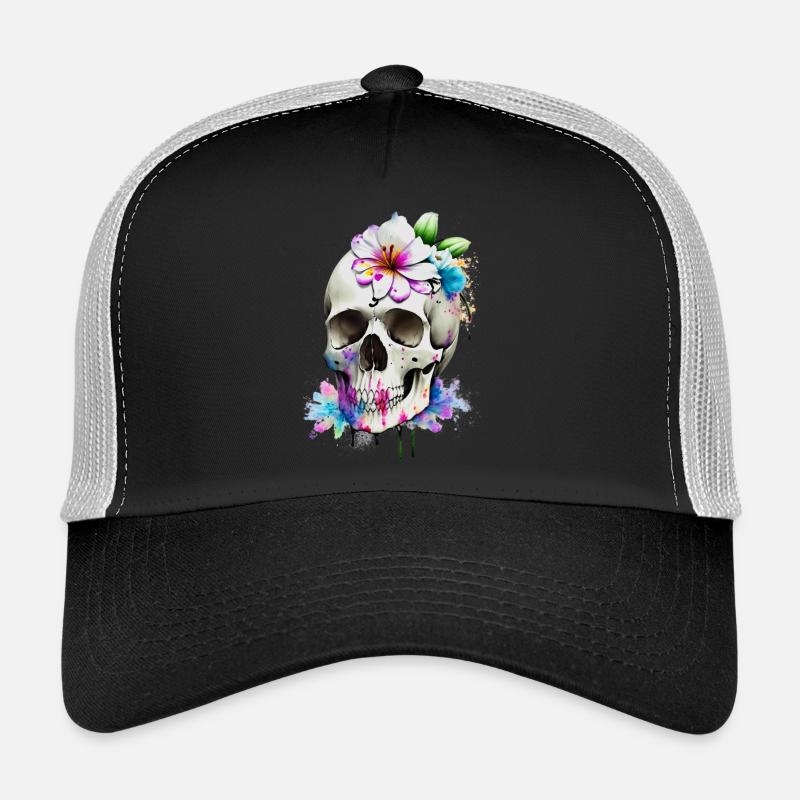 Schädel mit Lilien - Trucker Cap - Schwarz/Steingrau