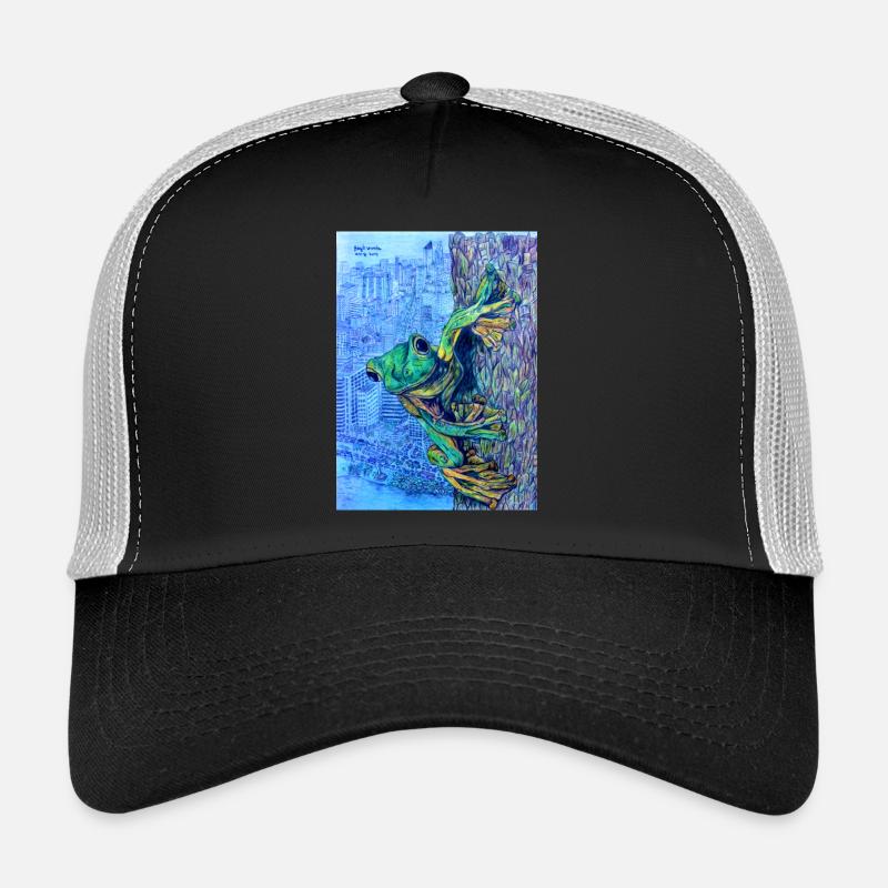 Frosch auf Baum mit Stadtansicht - Trucker Cap - Schwarz/Steingrau