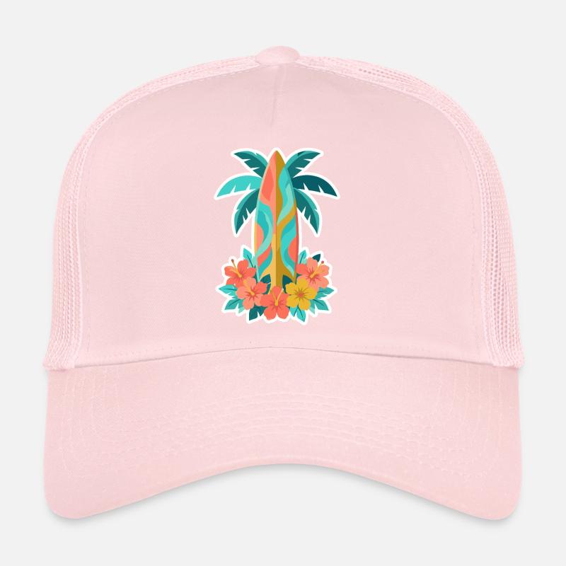 Tropical Surfboard Hibiscus Bloom Trucker Cap