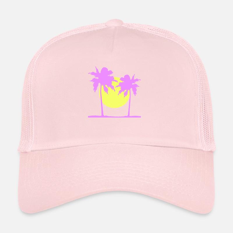 Two Palm Trees Island Sun Sunset Round Pink Trucker Cap