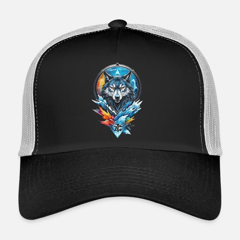 Loup géométrique eau et feu Casquette trucker 