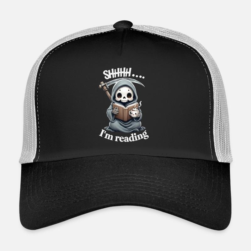 Sensenmann liest ein Buch mit Kaffee - Trucker Cap - Schwarz/Steingrau