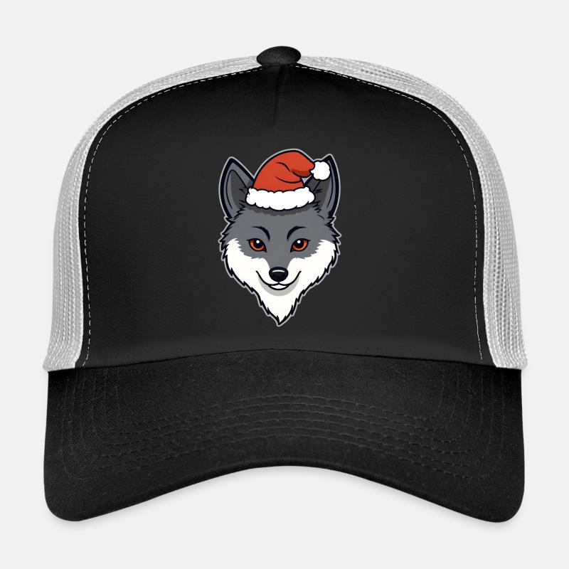 Weihnachtswolf Cartoon Kopf mit Mütze Trucker Cap
