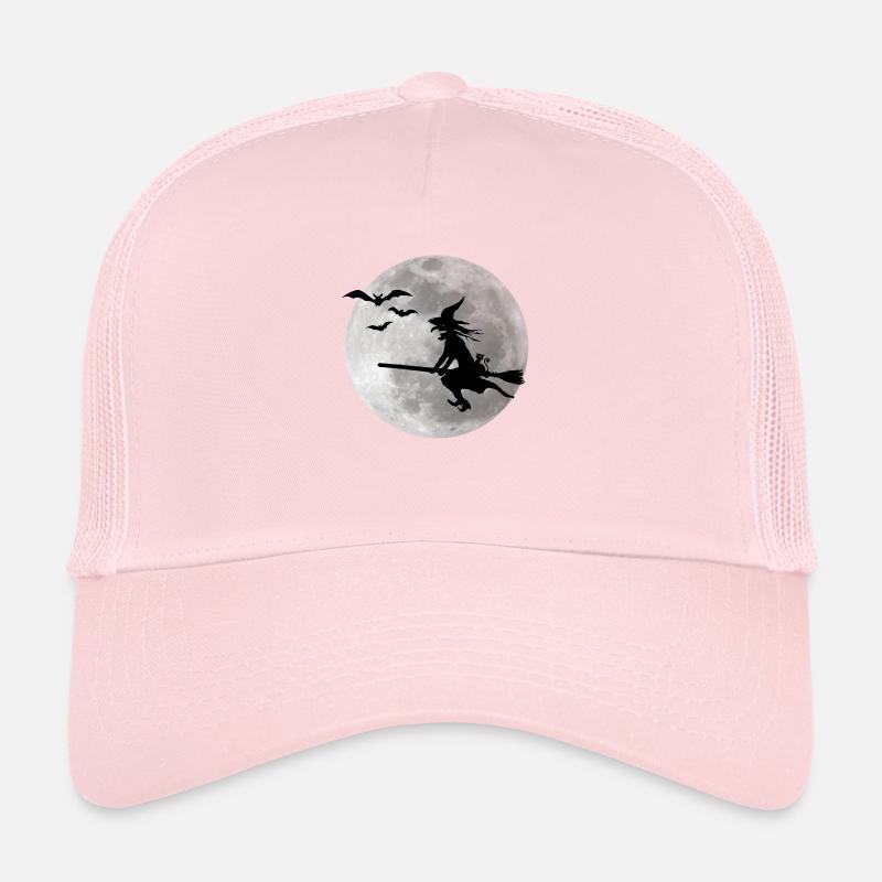 Halloween witch with a cat flies on the sky Trucker Cap