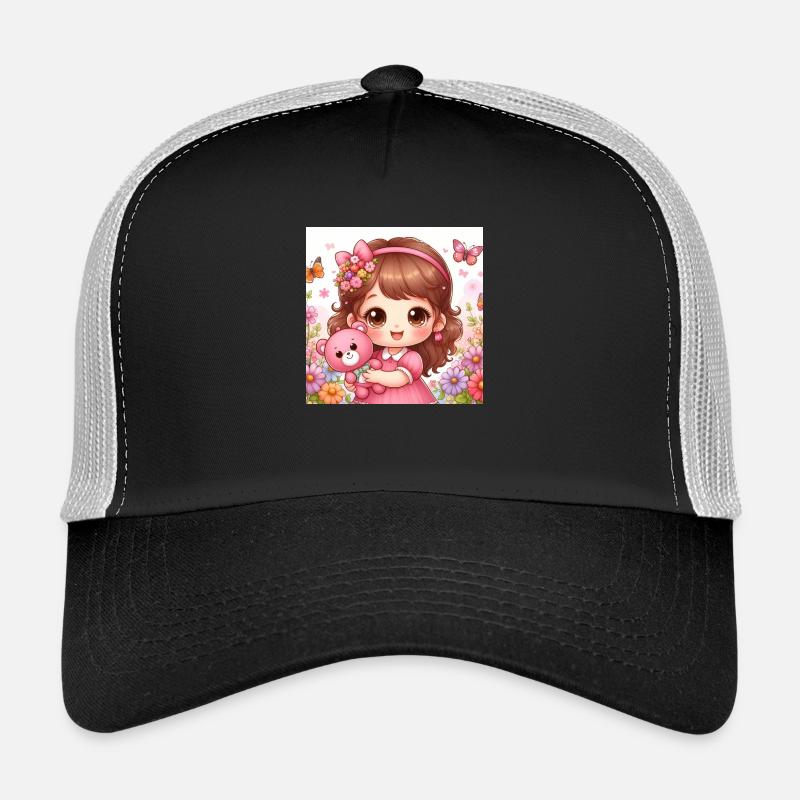 Kleines Mädchen mit ihrem Kuscheltier Teddybär Trucker Cap