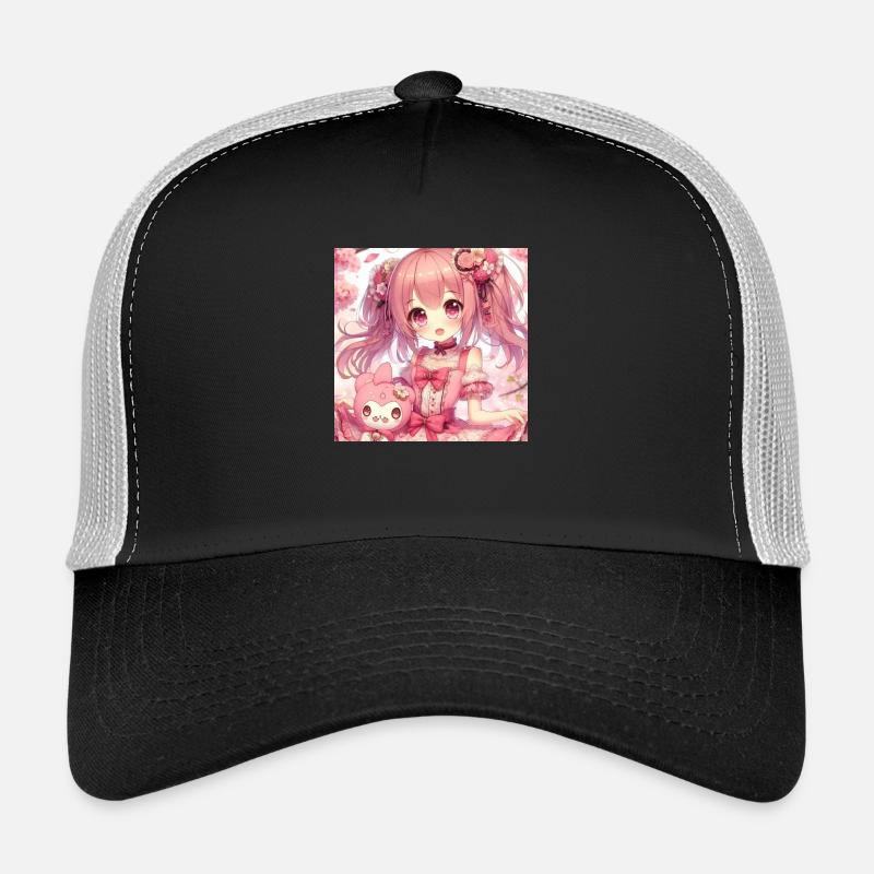Kleines Mädchen mit ihrer japanischen Anime-Puppe Trucker Cap
