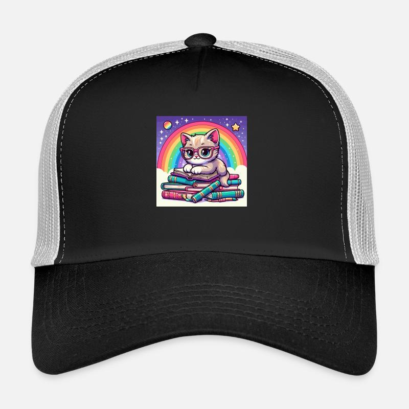 Cute cat reading books under the rainbow - Trucker Cap - black/stone grey
