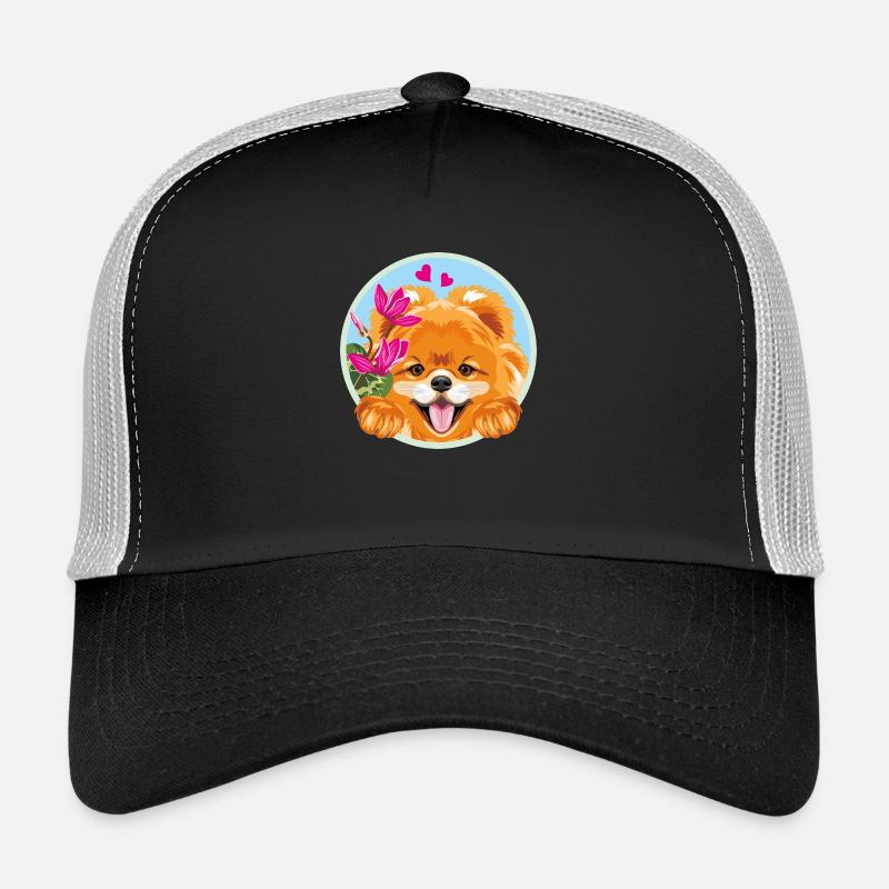 Jeter un coup d’œil à un chien poméranien heureux avec des fleurs Casquette trucker 