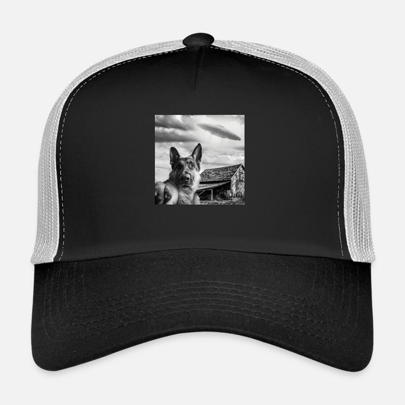 Dog Selfie with Alien UFO Trucker Cap