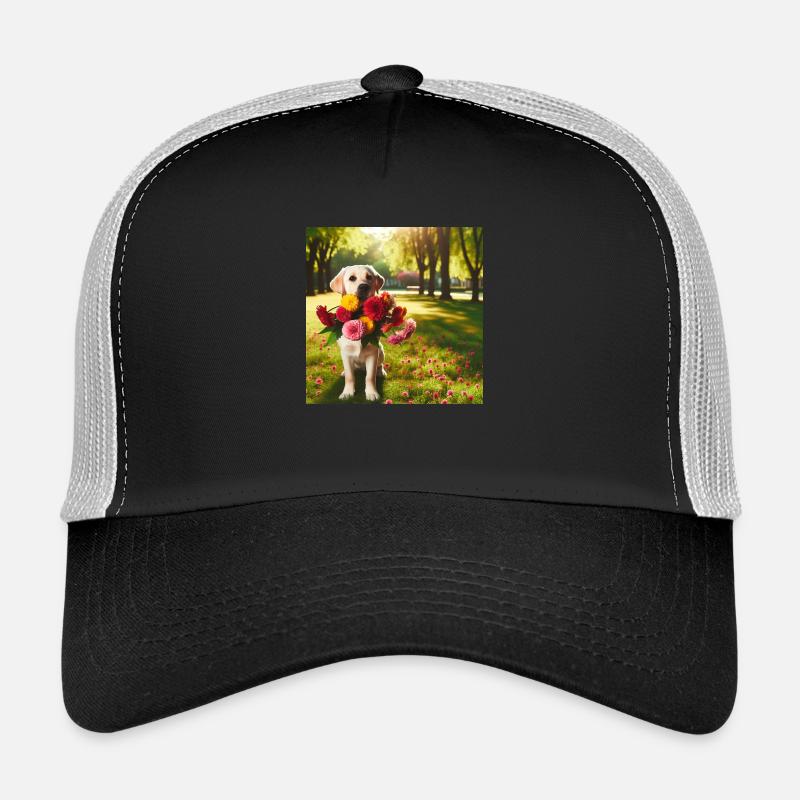 Chien qui porte des fleurs dans une forêt Casquette trucker 