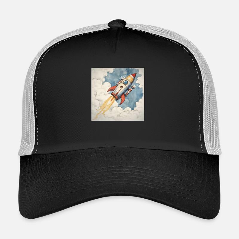 Rakete startet in den blauen Himmel durch Wolken. - Trucker Cap - Schwarz/Steingrau