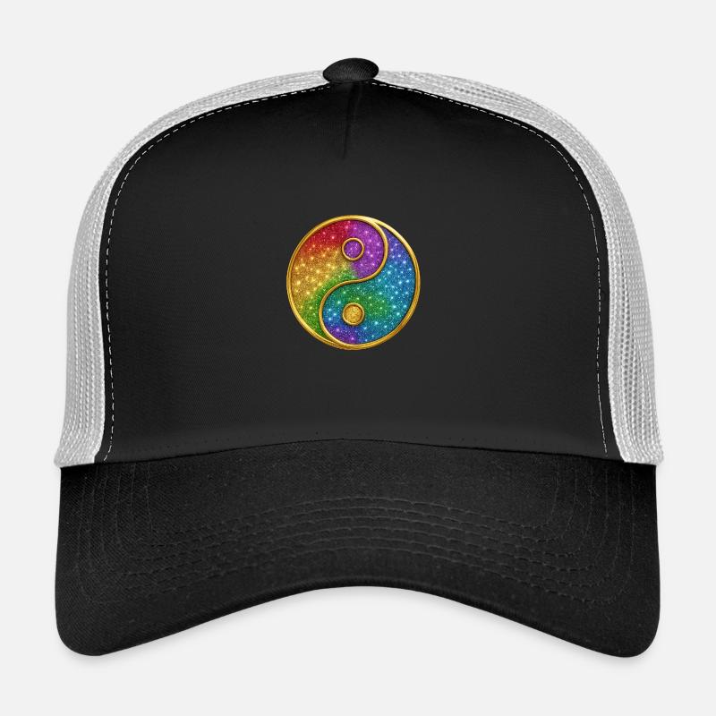 Rainbow Yin Yang Symbol Glitter Gold Sequins Trucker Cap