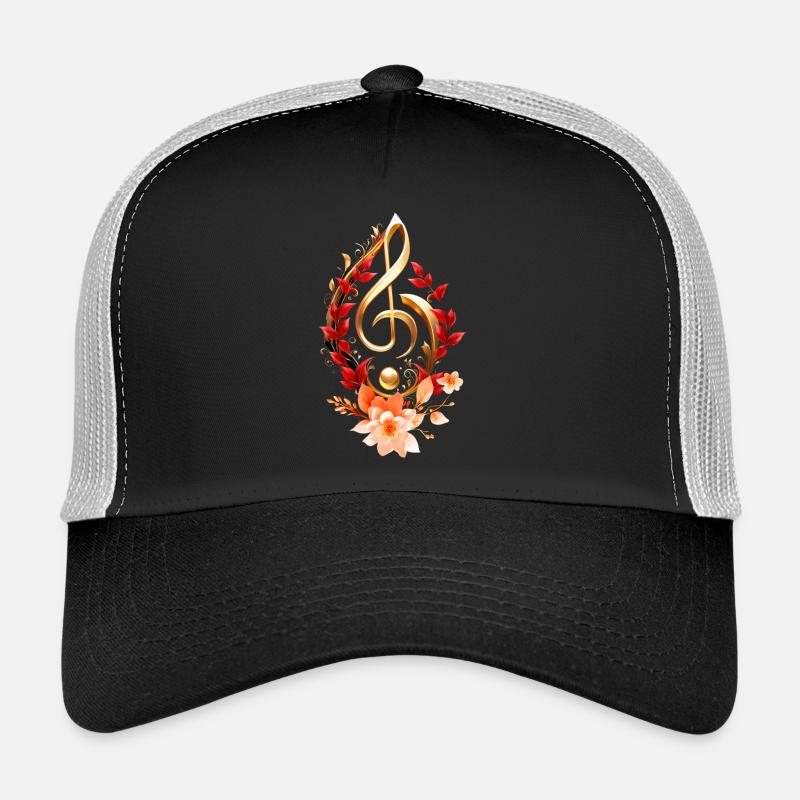 Clé de sol dorée avec des feuilles rouges. - Casquette trucker  - noir/gris pierre