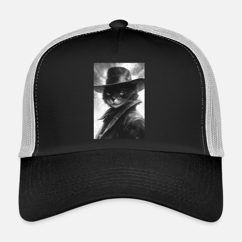 Chat noir et blanc dans un look cowboy Casquette trucker 