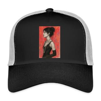 Frau mit roter Perlenkette omikly Pop Art - Trucker Cap - Schwarz/Steingrau - Vorne
