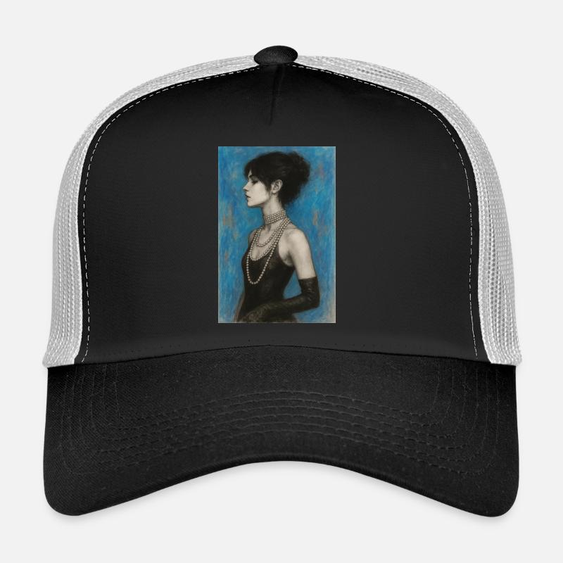 Frau mit blauer Perlenkette omikly Pop Art Trucker Cap