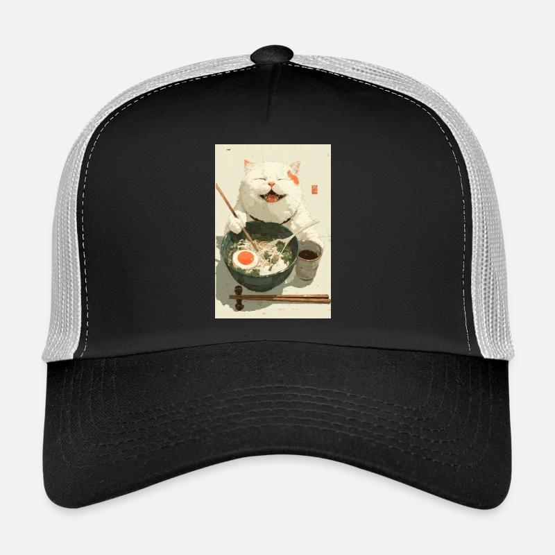 Glückliche weiße Katze isst Ramen Trucker Cap