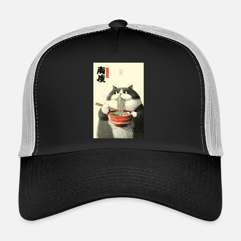 Mondbeschienene Katze schlürft Ramen - Trucker Cap - Schwarz/Steingrau