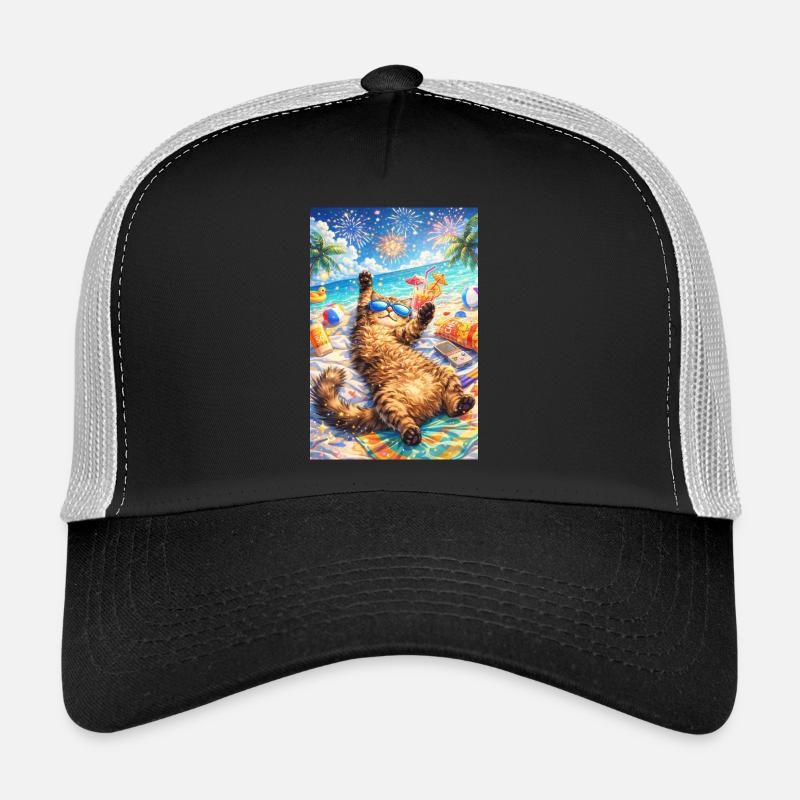 Tropical cat partying on the beach Trucker Cap