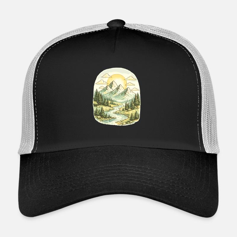 Mountain panorama morning light forest river Trucker Cap