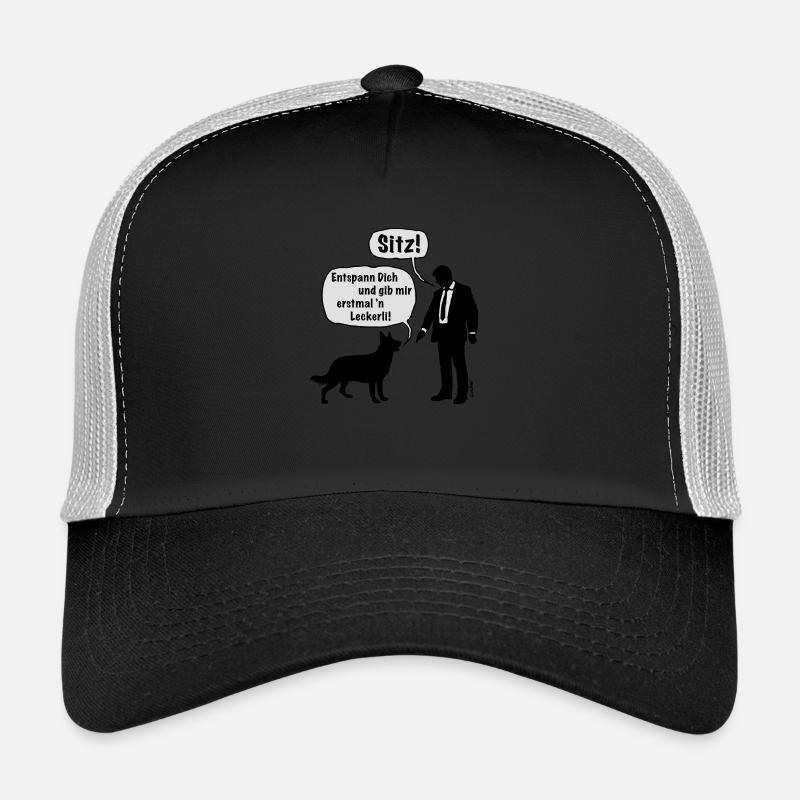 Cartoon, Hund & Herrchen: Sitz! / Leckerli! (2C) - Trucker Cap - Schwarz/Steingrau