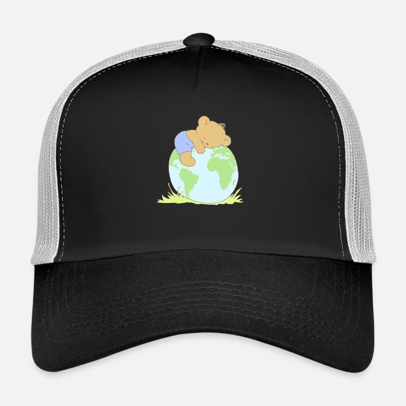 Cute Teddy Bear hugging world globe. - Trucker Cap - black/stone grey