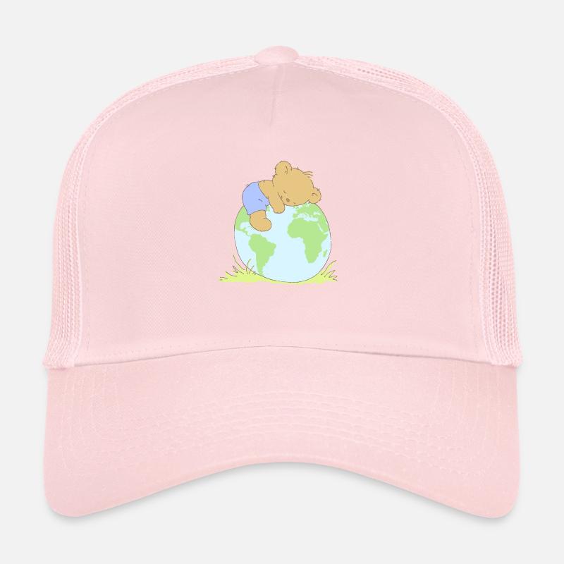 Cute Teddy Bear hugging world globe. Casquette trucker 