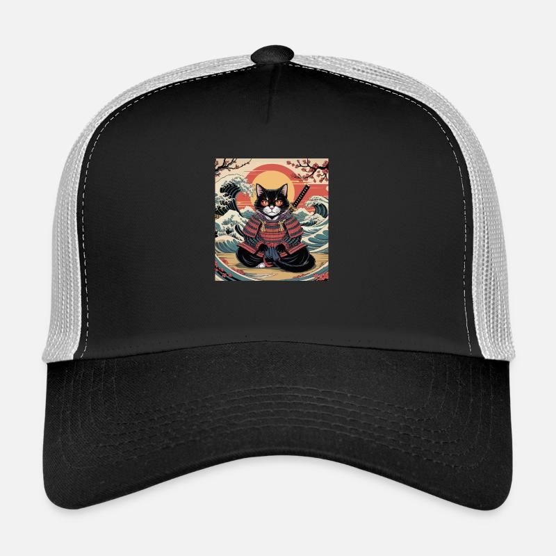 Samurai Katze mit Sonnenuntergang und Wellen – Jap - Trucker Cap - Schwarz/Steingrau