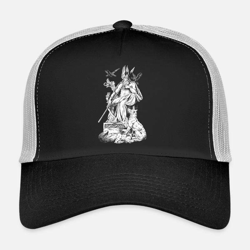 Odin on throne with spears, ravens and wolves Trucker Cap