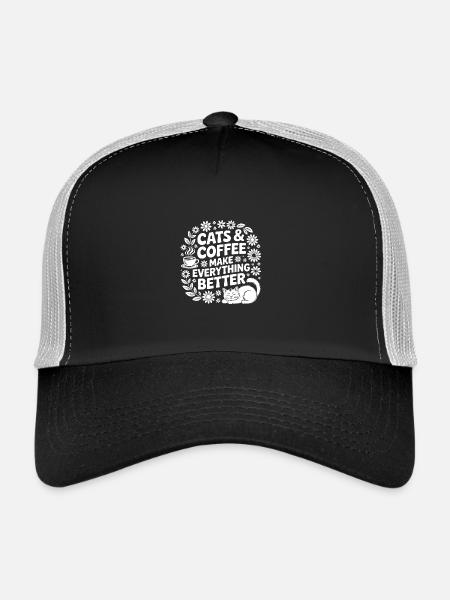 Katze und Kaffee ist alles was ich brauche - Trucker Cap - Schwarz/Steingrau - Vorne