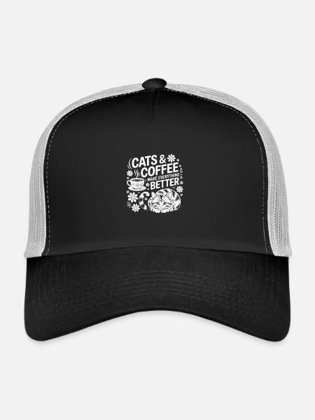 Katze und Kaffee ist alles was ich brauche - Trucker Cap - Schwarz/Steingrau - Vorne