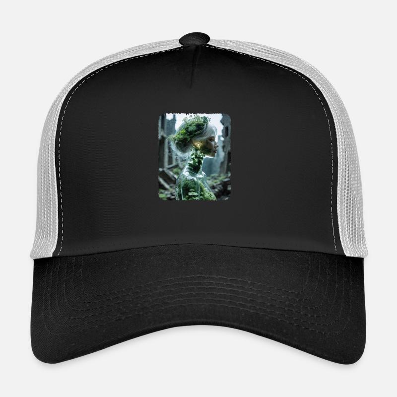 Glasfigur einer Frau mit einem Ökosystem Trucker Cap