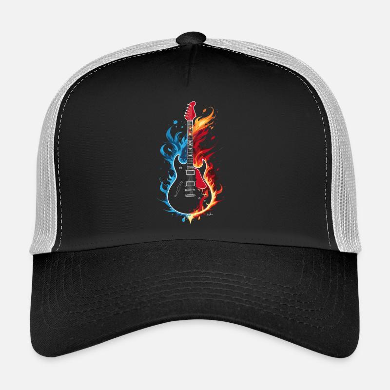 Flaming blue, orange, red guitar Trucker Cap