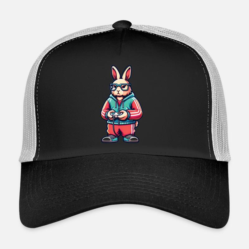 Coole Hasen-Gamer mit Brille und Controller Trucker Cap