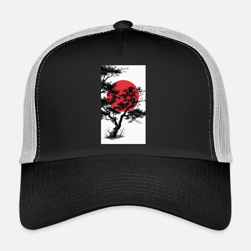 Manga-Style Dark Tree with Red Sun - Trucker Cap - black/stone grey