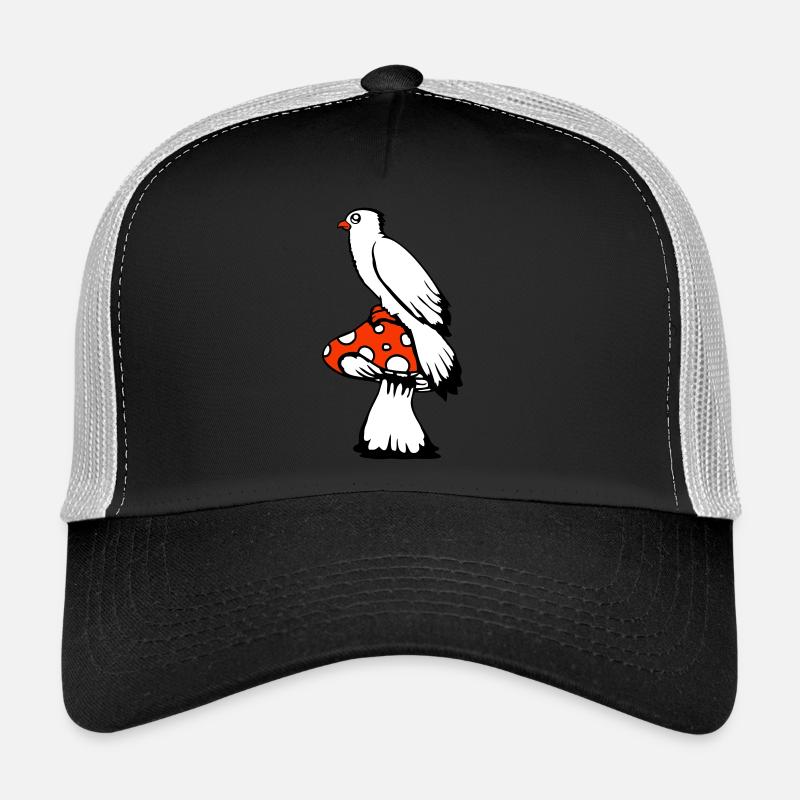 Bird sitting cute big mushroom dots toadstool Trucker Cap