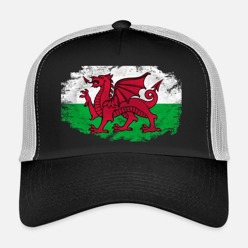 Wales Flag - Vintage Look - Trucker Cap - Schwarz/Steingrau