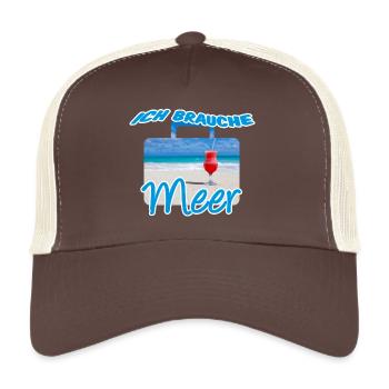 Ich brauche Meer, Urlaub, Reise, Spruch, Geschenk - Trucker Cap - Braun/Beige - Vorne