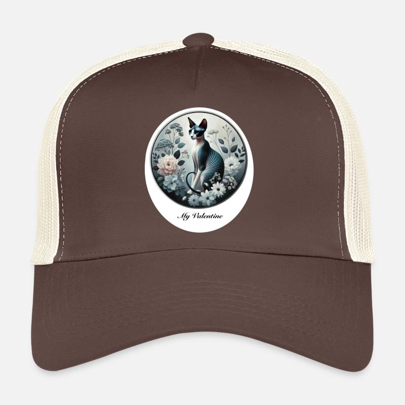 Motif de la Saint-Valentin avec des fleurs et un chat sphynx Casquette trucker 