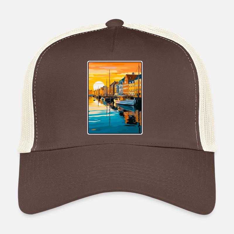 Copenhagen Denmark Sunset Harbour Illustration Trucker Cap