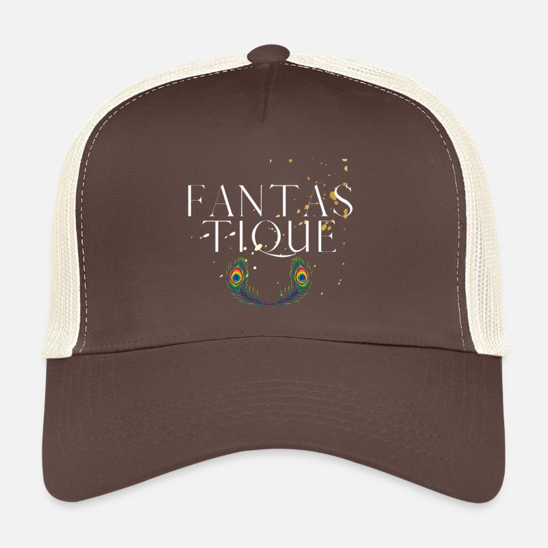 Fantastique - Lebendige Pfauenfedern Typografie - Trucker Cap - Braun/Beige
