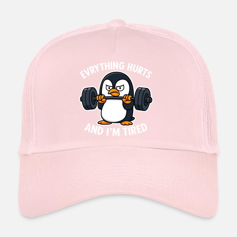 Grumpy Penguin Lifting Weights Trucker Cap