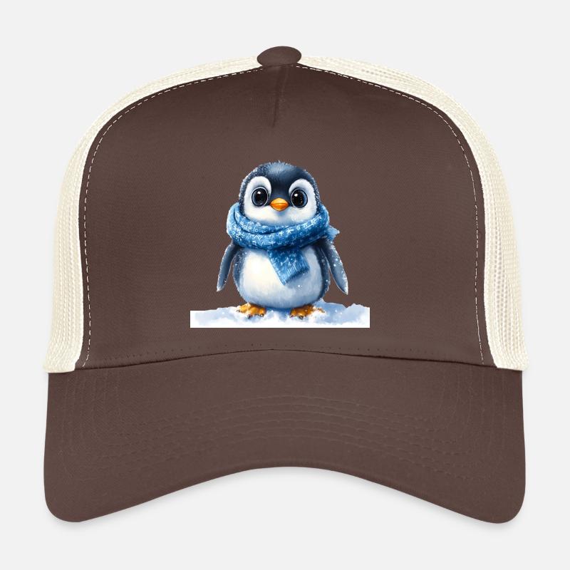 Pingouin mignon avec accessoire d’hiver - Casquette trucker  - marron/beige