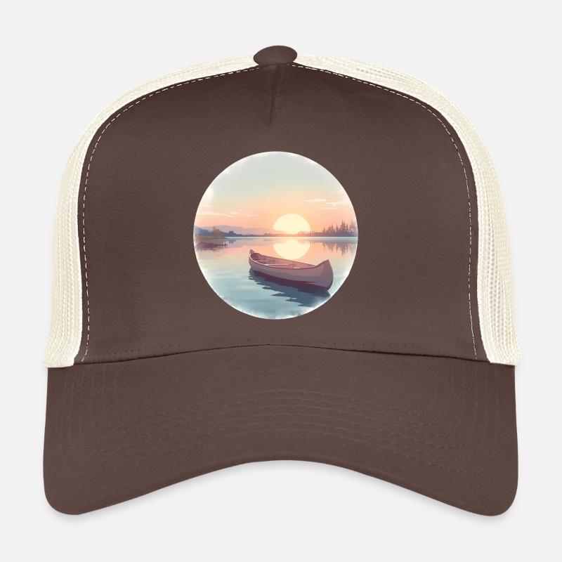 Sunset Calm Lake Canoe Trucker Cap